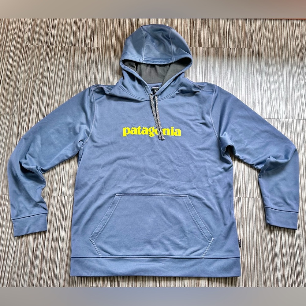 Men's PATAGONIA Text Logo PolyCycle Hoody Sz. XL Blue/Gray